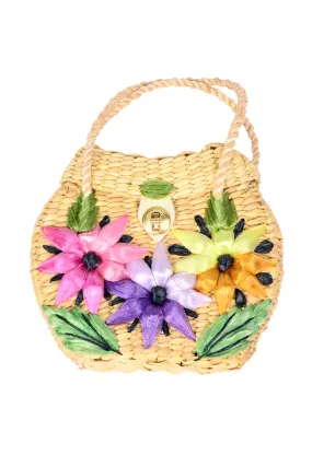 1960s Structured Straw Bag with Large Raffia Flowers & Top Handles