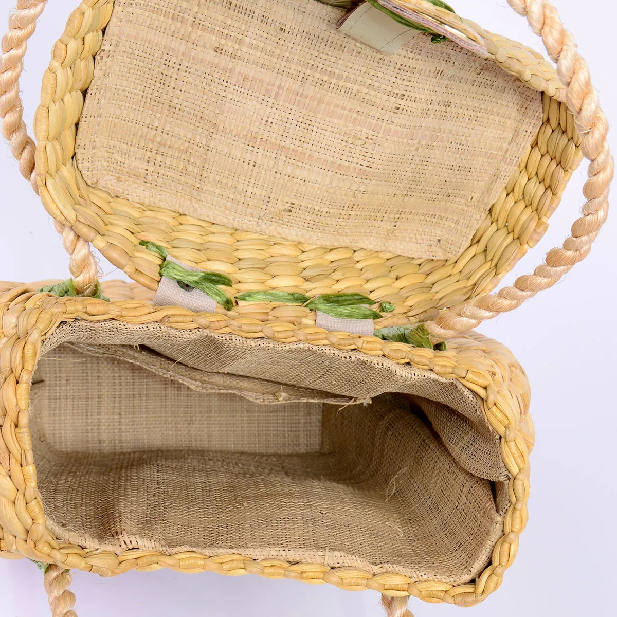 1960s Structured Straw Bag with Large Raffia Flowers & Top Handles