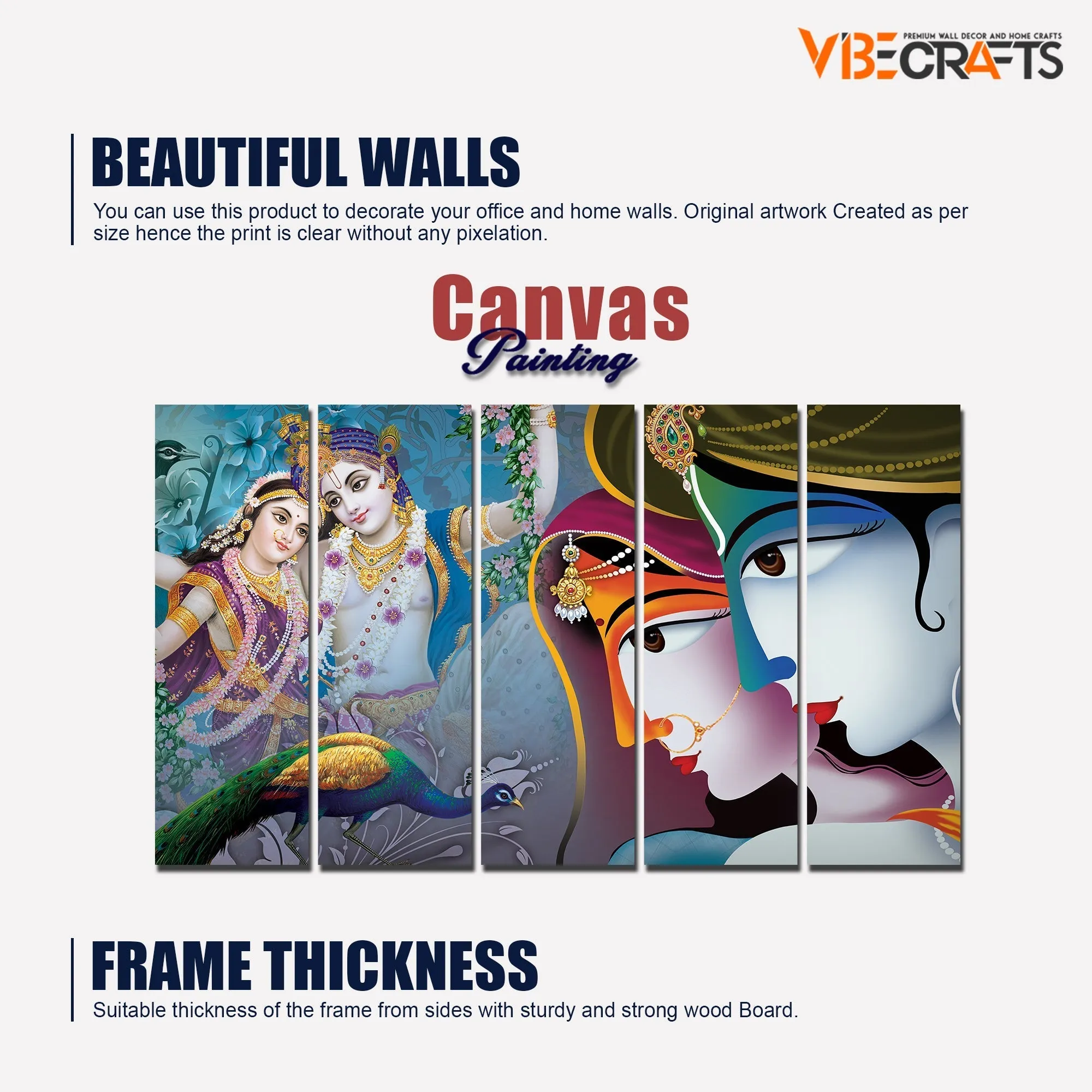 5 Pieces Canvas Lord Radha Krishna Wall Painting