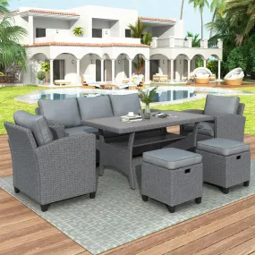 6-Piece Outdoor Rattan Wicker Set, Patio Sofa, Chairs, Stools, and Table, Gray