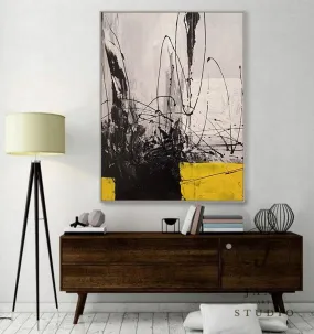 Black Grey Painting Yellow Painting Minimalist Abstract Oil Painting Qp087