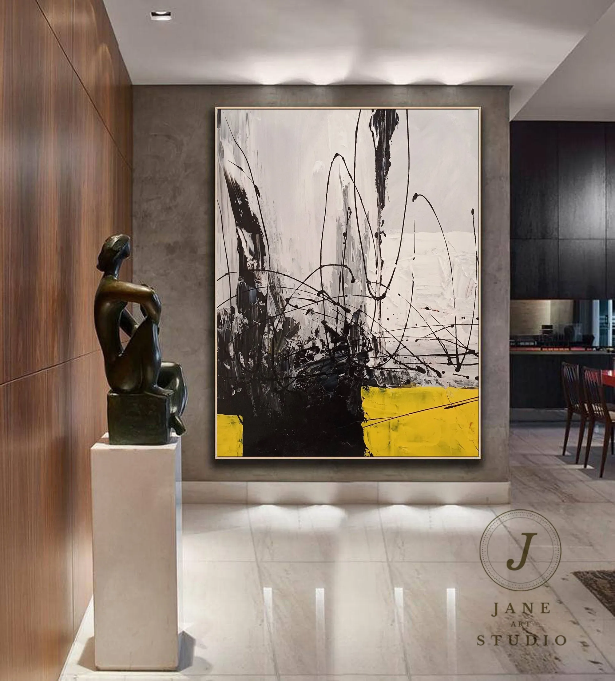 Black Grey Painting Yellow Painting Minimalist Abstract Oil Painting Qp087