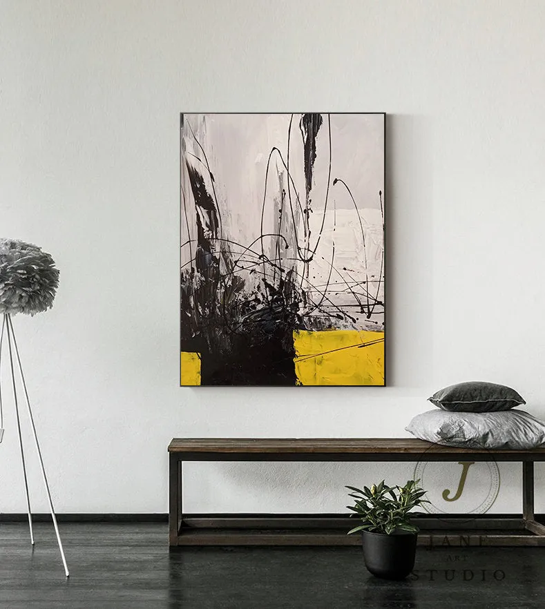 Black Grey Painting Yellow Painting Minimalist Abstract Oil Painting Qp087