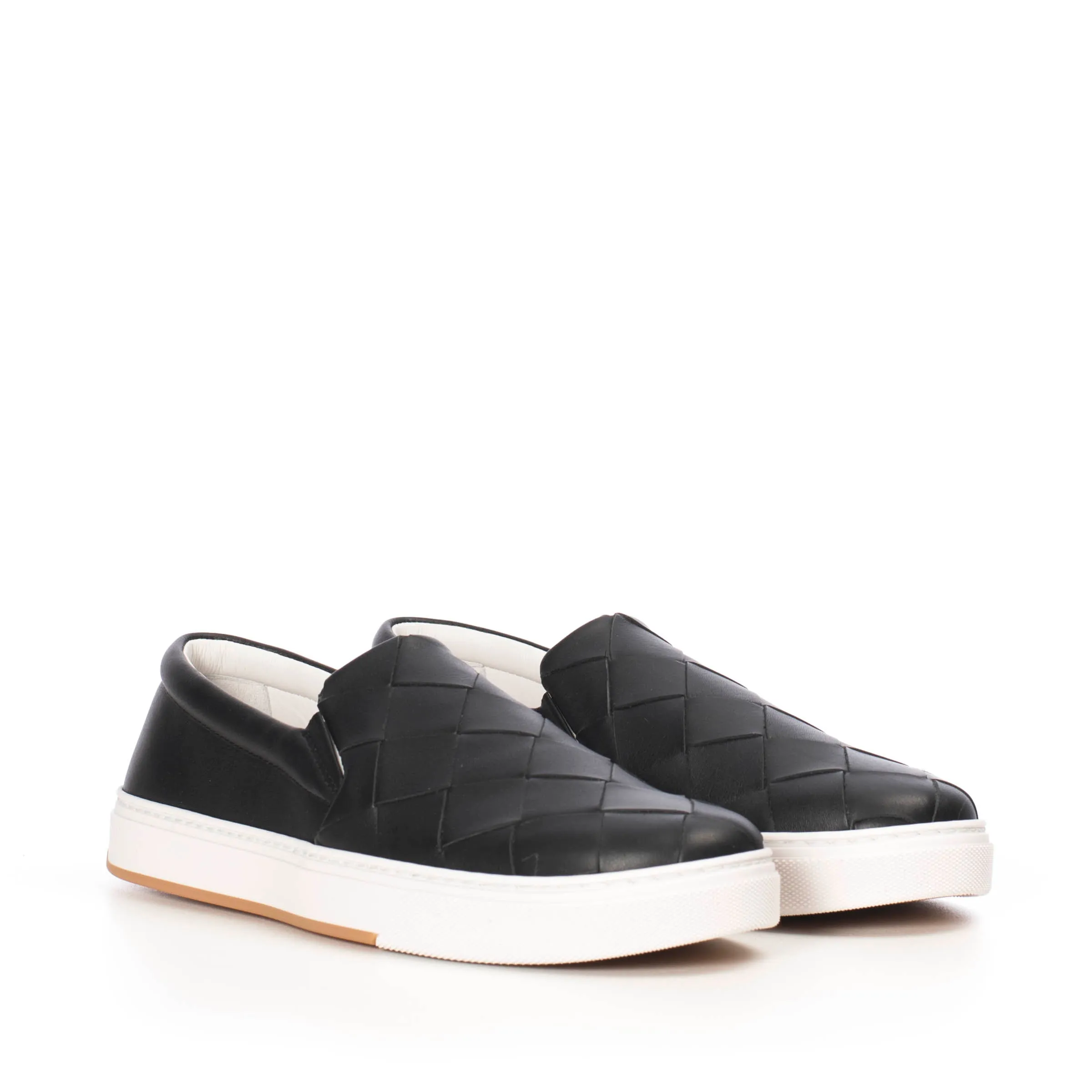 Black Leather Slip-on Sneakers With A Maxi Woven Upper