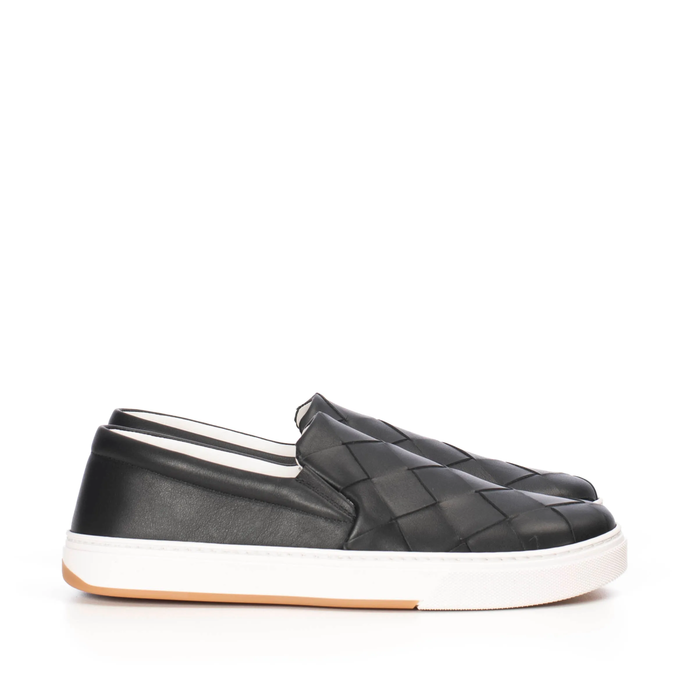 Black Leather Slip-on Sneakers With A Maxi Woven Upper