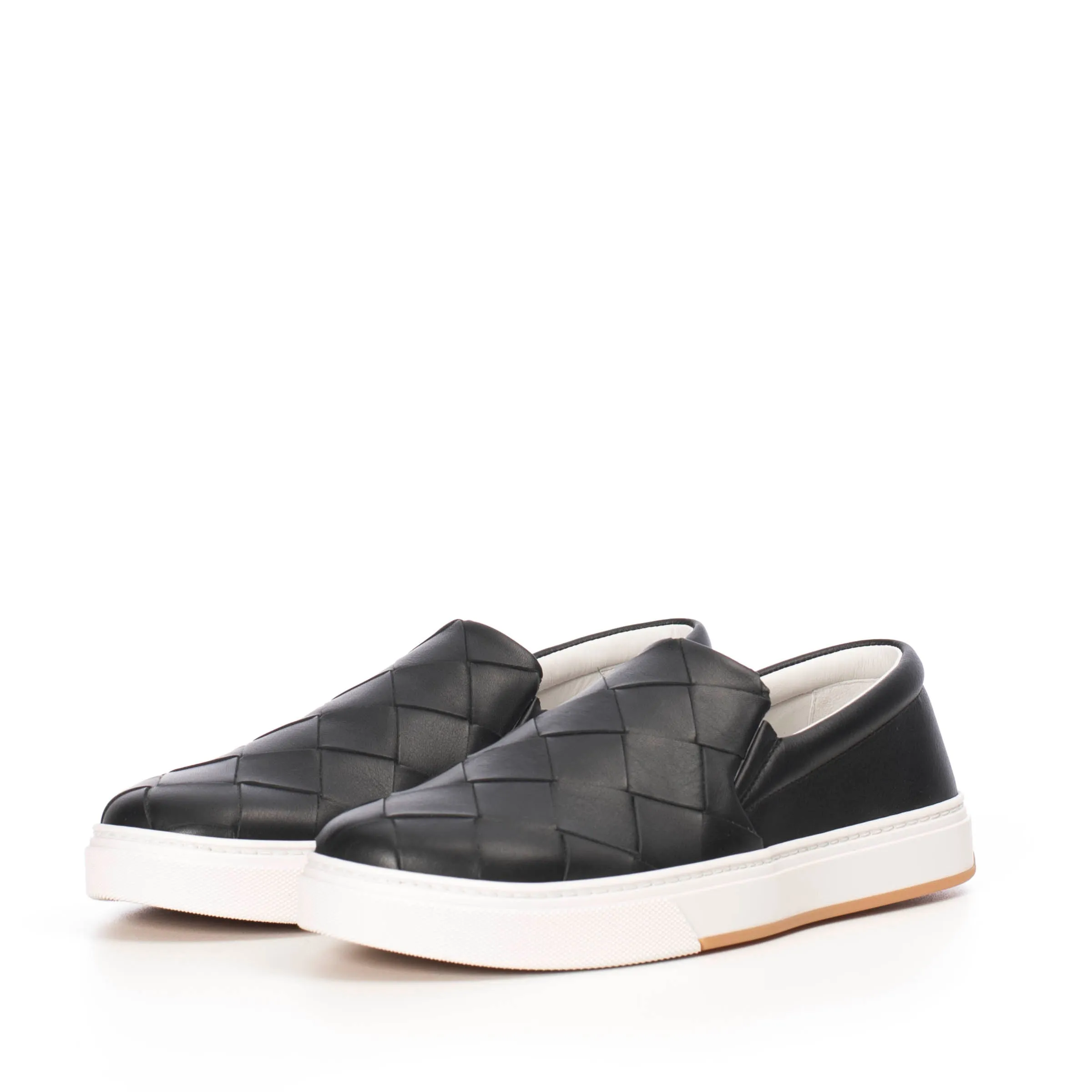 Black Leather Slip-on Sneakers With A Maxi Woven Upper