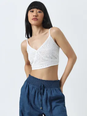 Bombay Paisley White Knit-Textured Crop Top