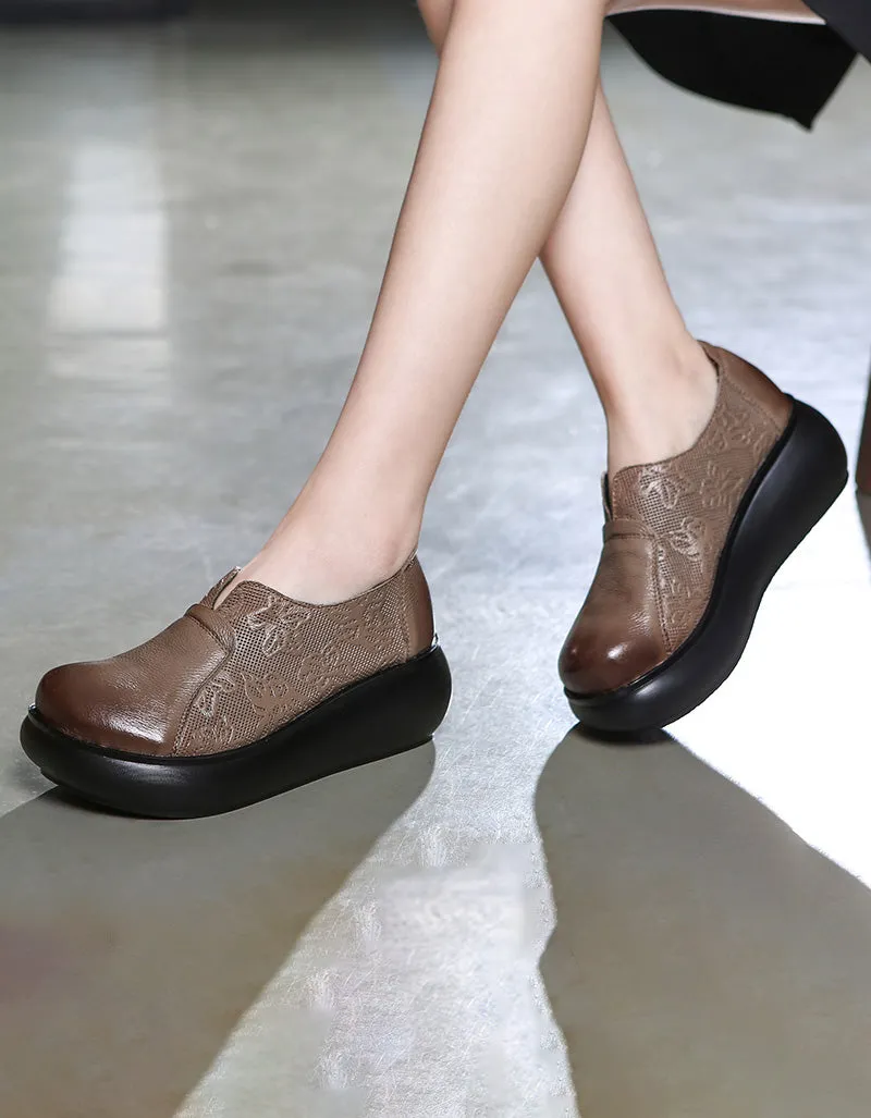 Embossed Handmade Leather Retro Wedge Shoes Spring