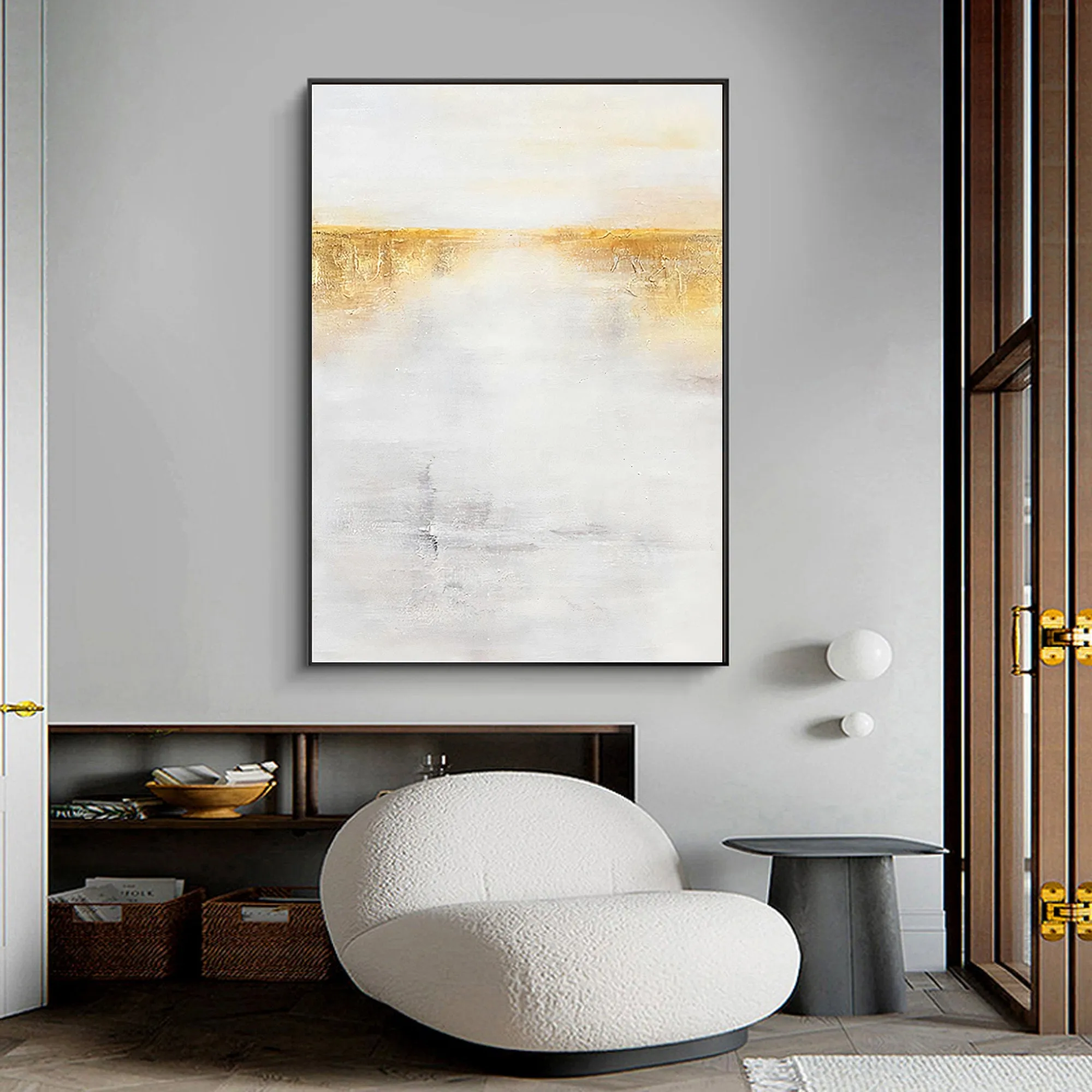 Gold White Wall Painting on Canvas Minimalist Painting Op029