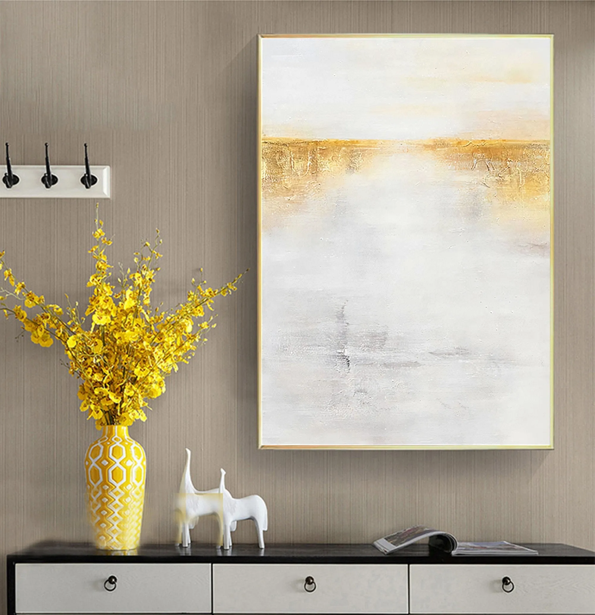 Gold White Wall Painting on Canvas Minimalist Painting Op029