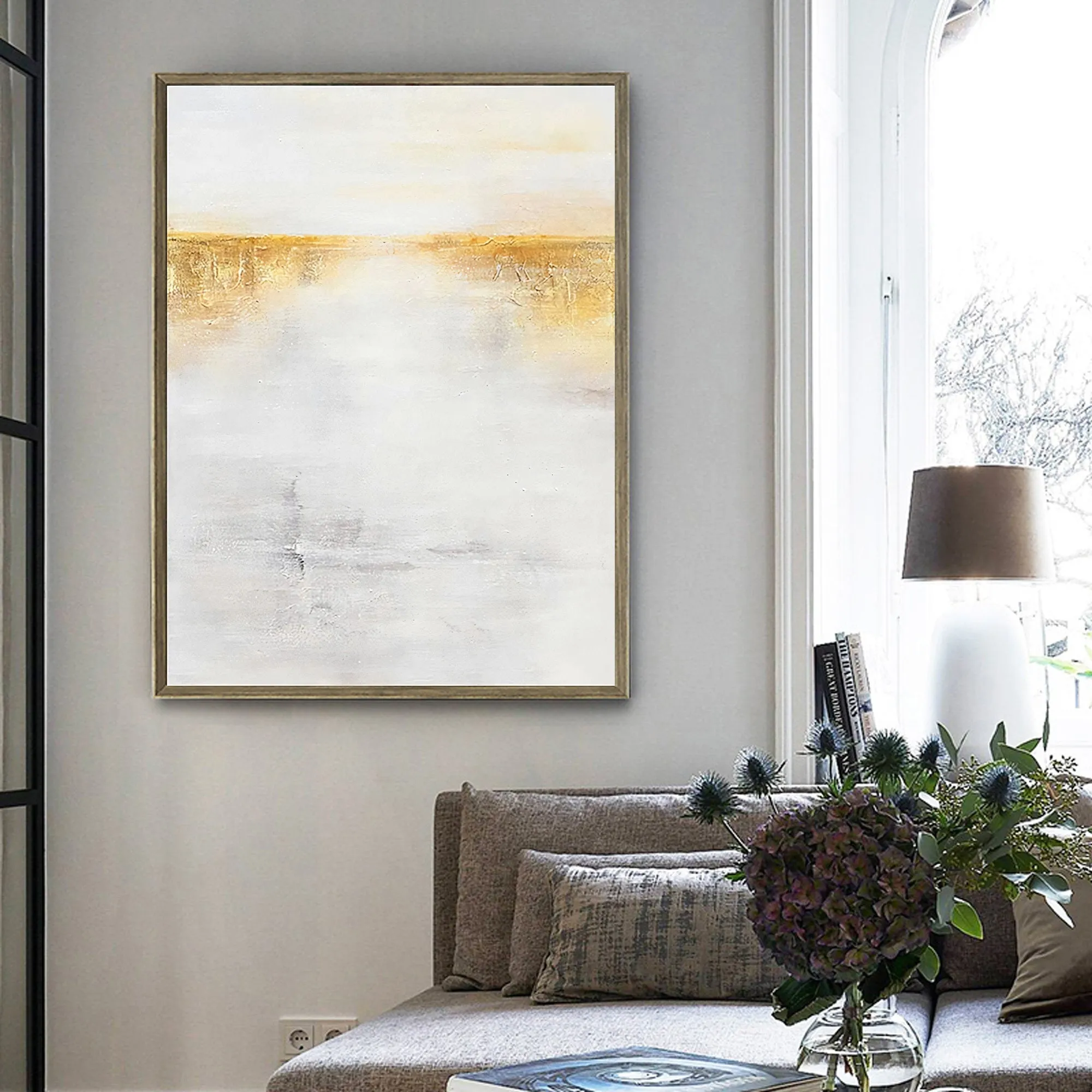 Gold White Wall Painting on Canvas Minimalist Painting Op029