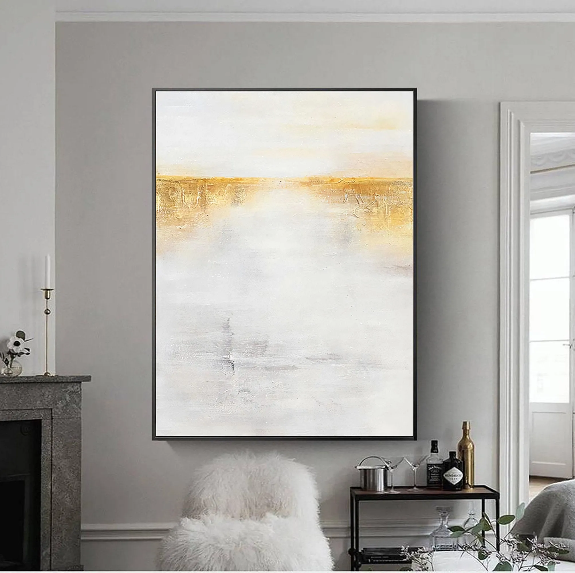 Gold White Wall Painting on Canvas Minimalist Painting Op029