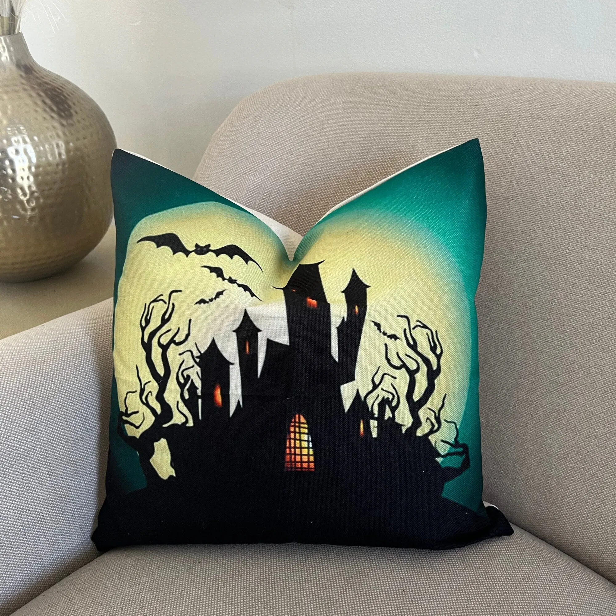 Haunted house, Happy halloween Fall pillow cover, Halloween witch pillow perfect for Front porch pillow, 18x18" pillow