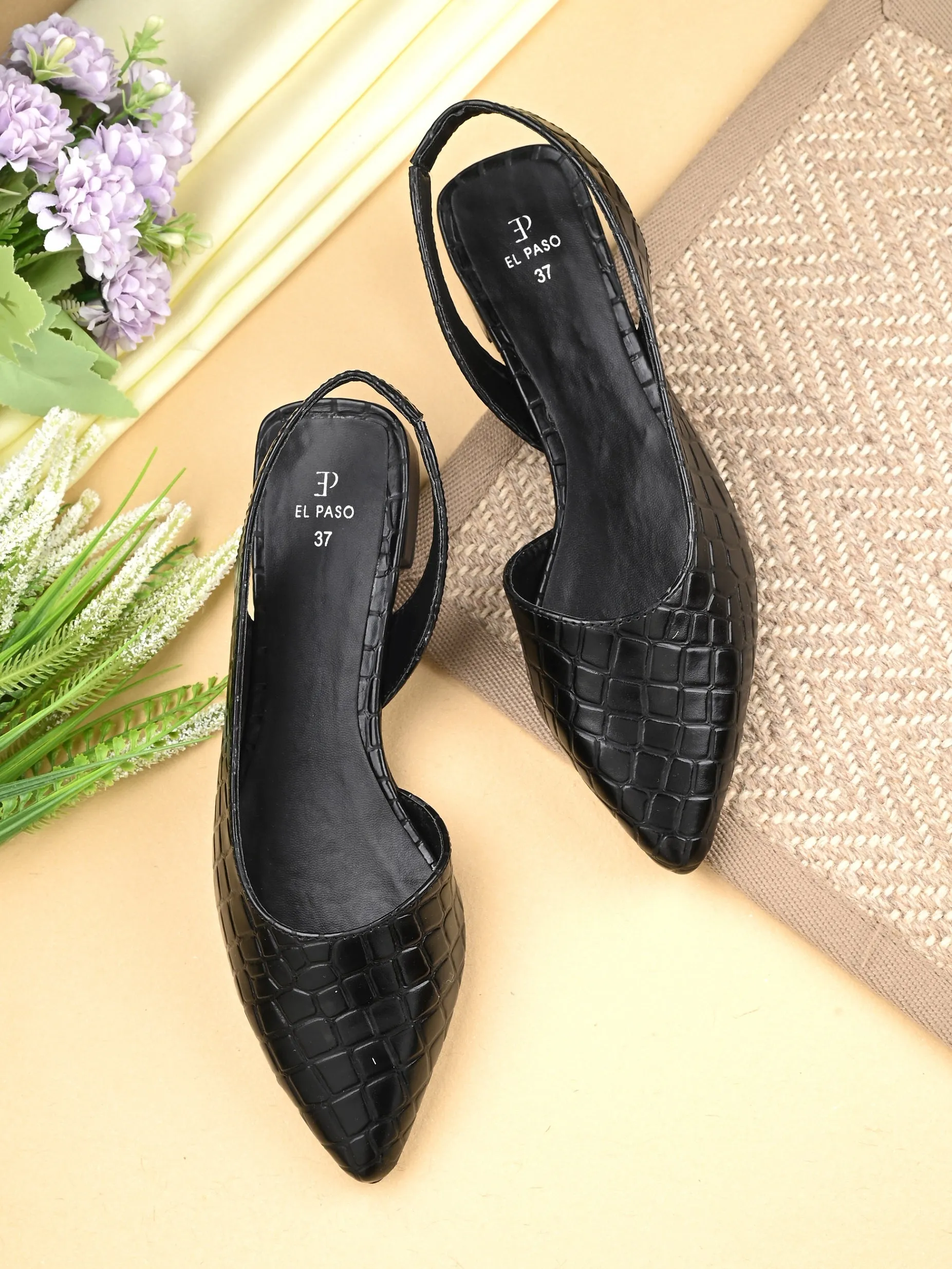 Midnight Black Croc Slingback Flats For Women