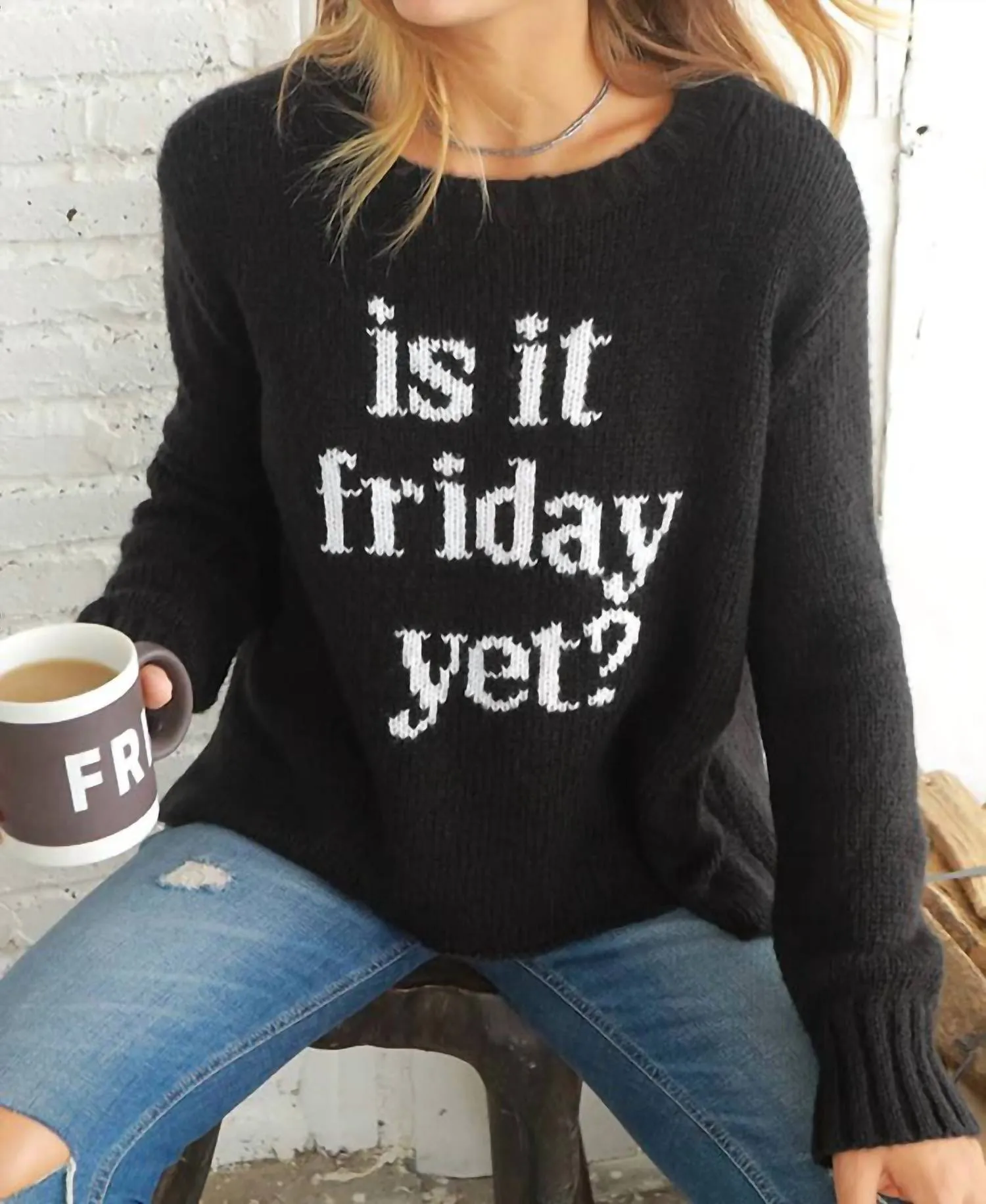 "is It Friday" Crew Sweater In Black / Snow