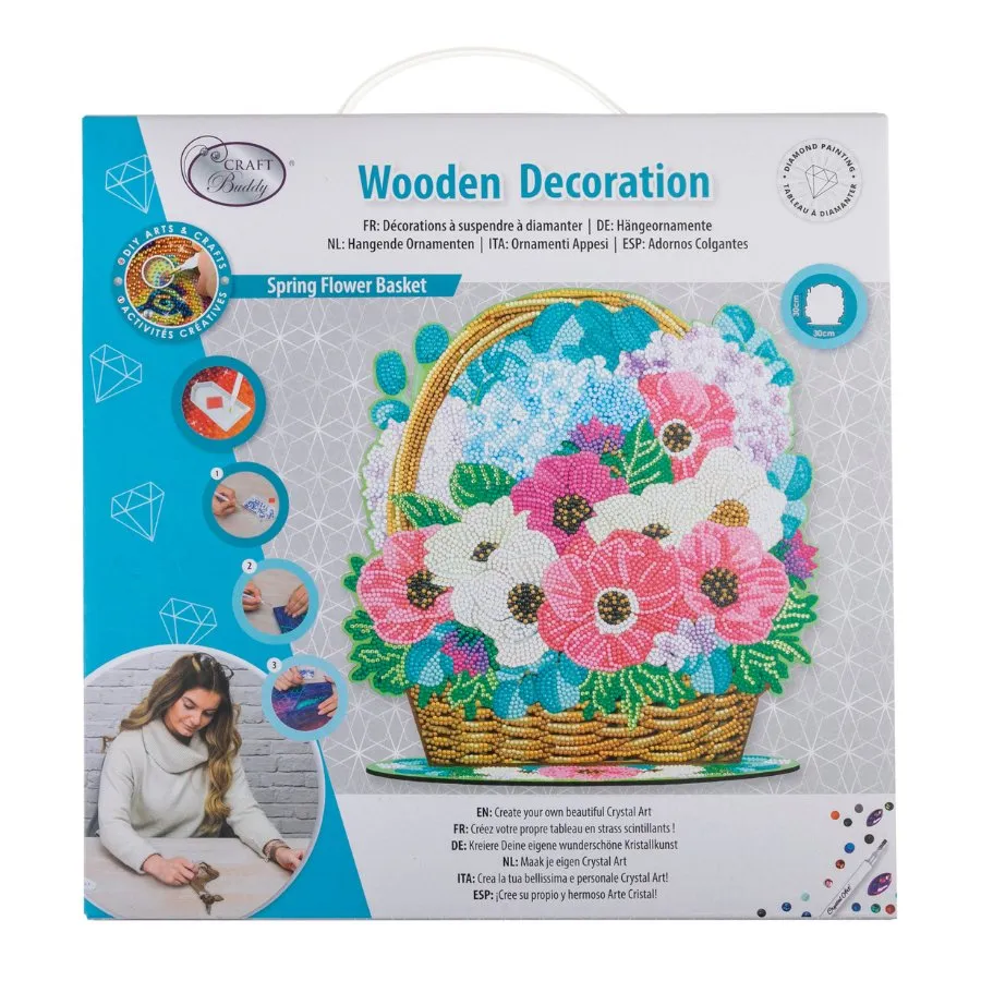 "Spring Flower Basket" Crystal Art Wooden Decoration