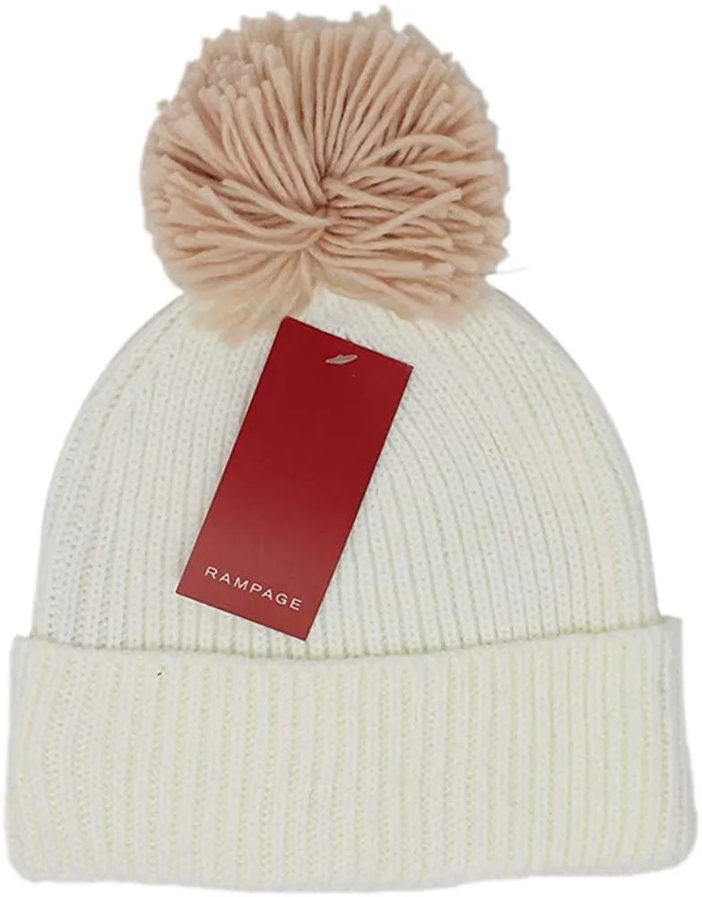 Rampage Womenâ€™s Slouchy Cuffed Thick Knit Beanie Cap With Oversized Pom Pom - Fall Winter Accessories