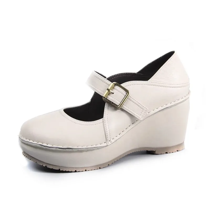 Retro Soft All Leather Platform Mary Jane Shoes In Gray/White/Black