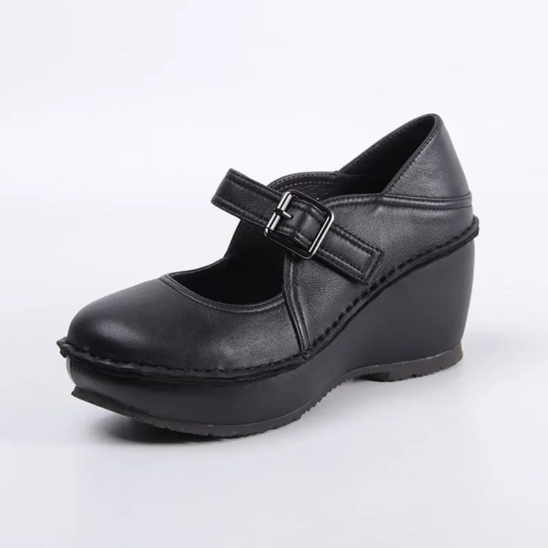 Retro Soft All Leather Platform Mary Jane Shoes In Gray/White/Black