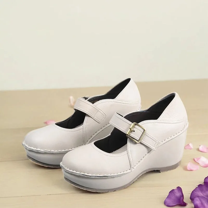 Retro Soft All Leather Platform Mary Jane Shoes In Gray/White/Black