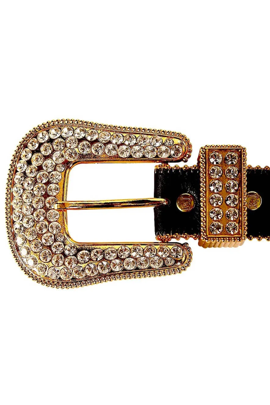 ROBIN'S JEAN BLACK LEATHER BELT WITH CLEAR CRYSTALS