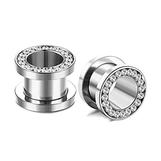 Steel CZ Gem Lined Screw On Fit Ear Flesh Tunnel